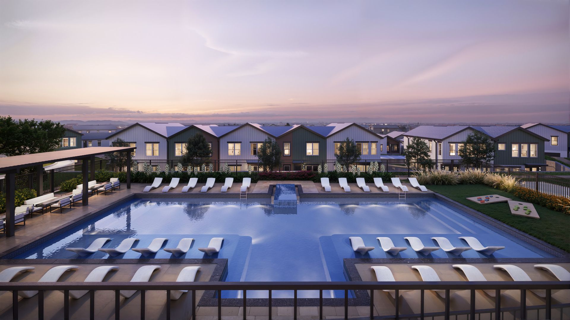An artist 's impression of a large swimming pool in front of a row of houses.
