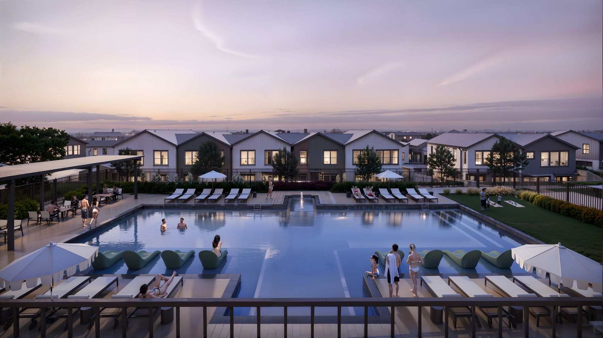 An artist 's impression of a large swimming pool in front of a row of houses.