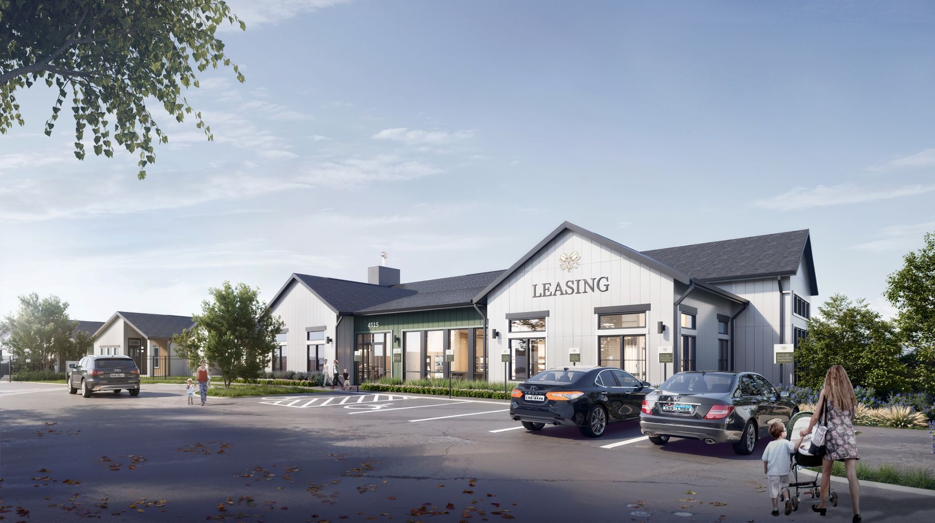 An artist 's impression of a building with cars parked in front of it.