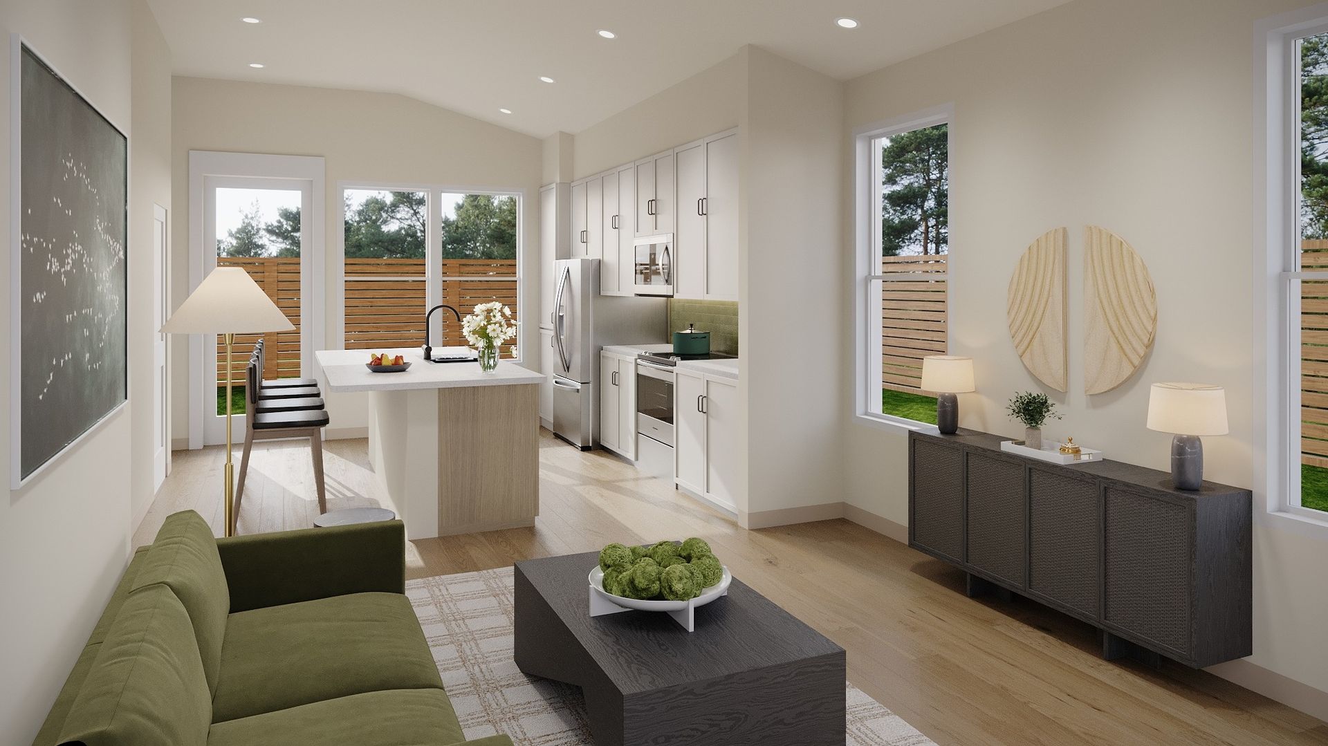 A living room with a green couch and a coffee table.