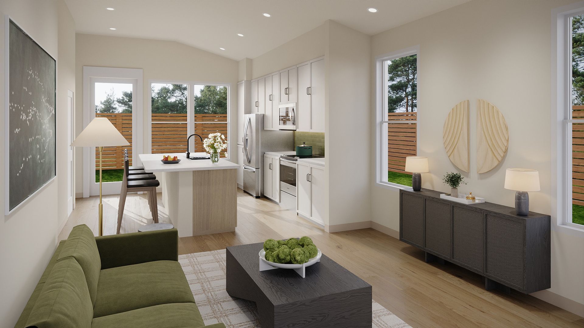 An artist 's impression of a living room with a green couch and a black coffee table.