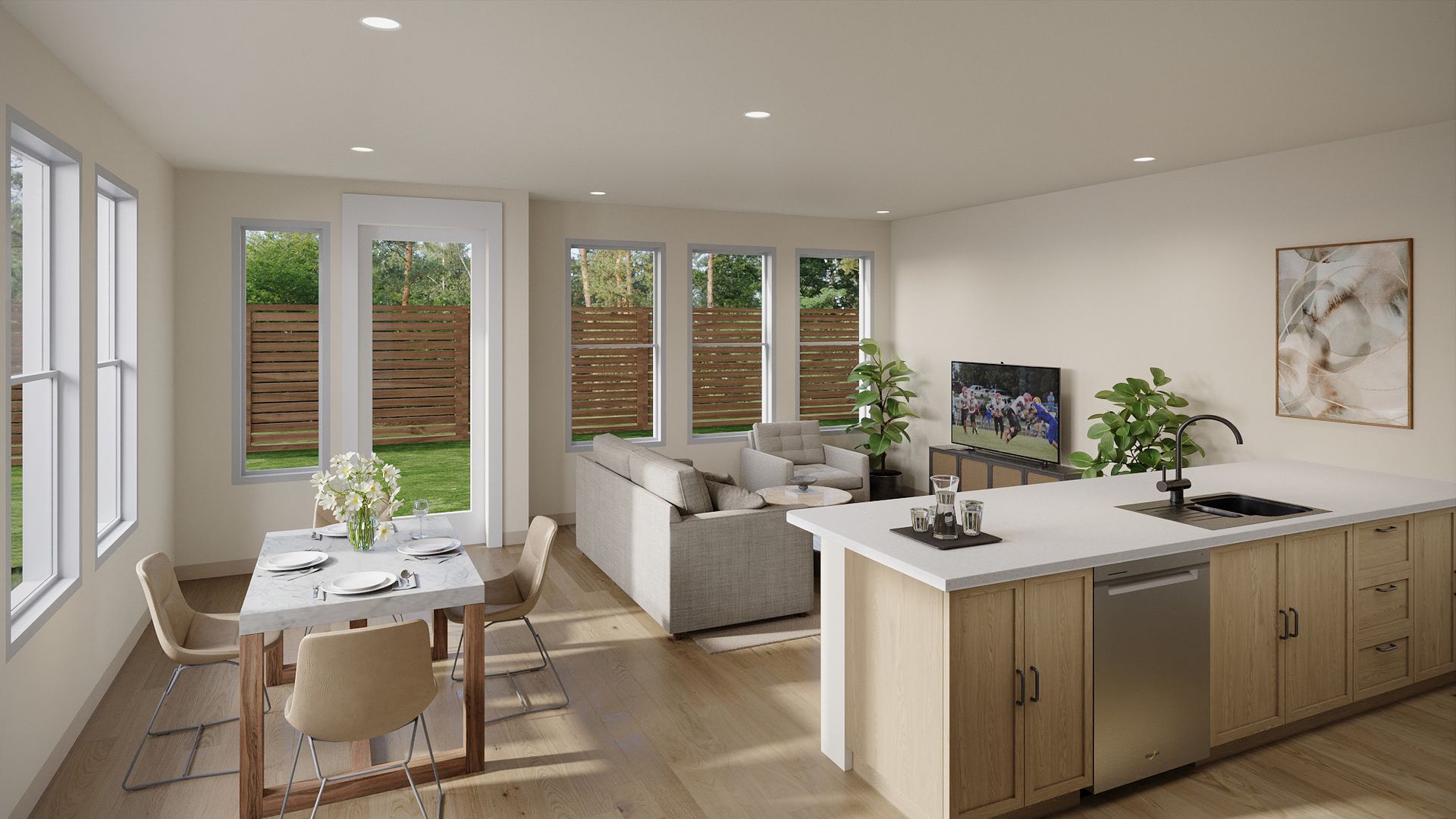 An artist 's impression of a living room and kitchen in a house.