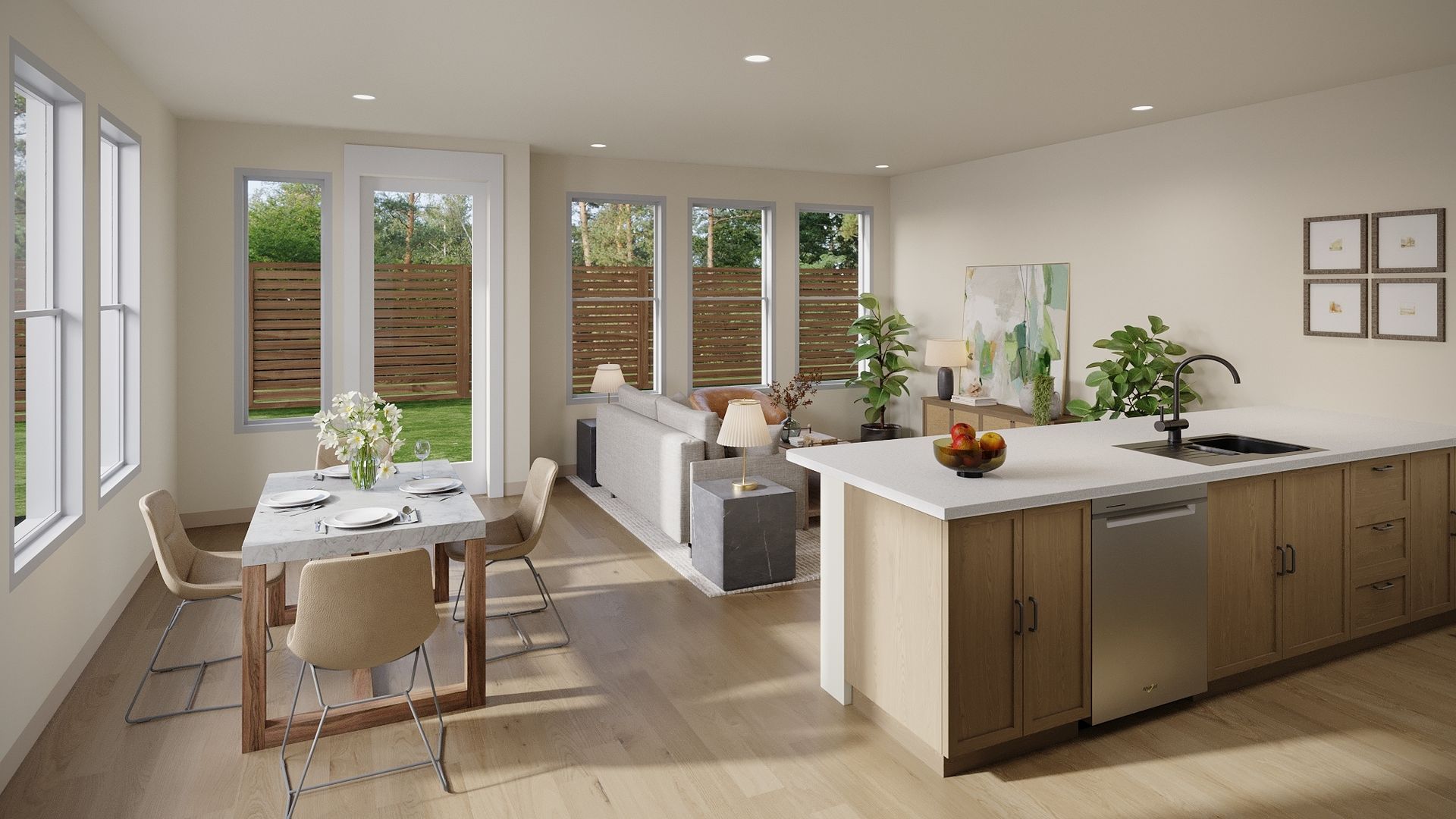 An artist 's impression of a living room and kitchen in a house.