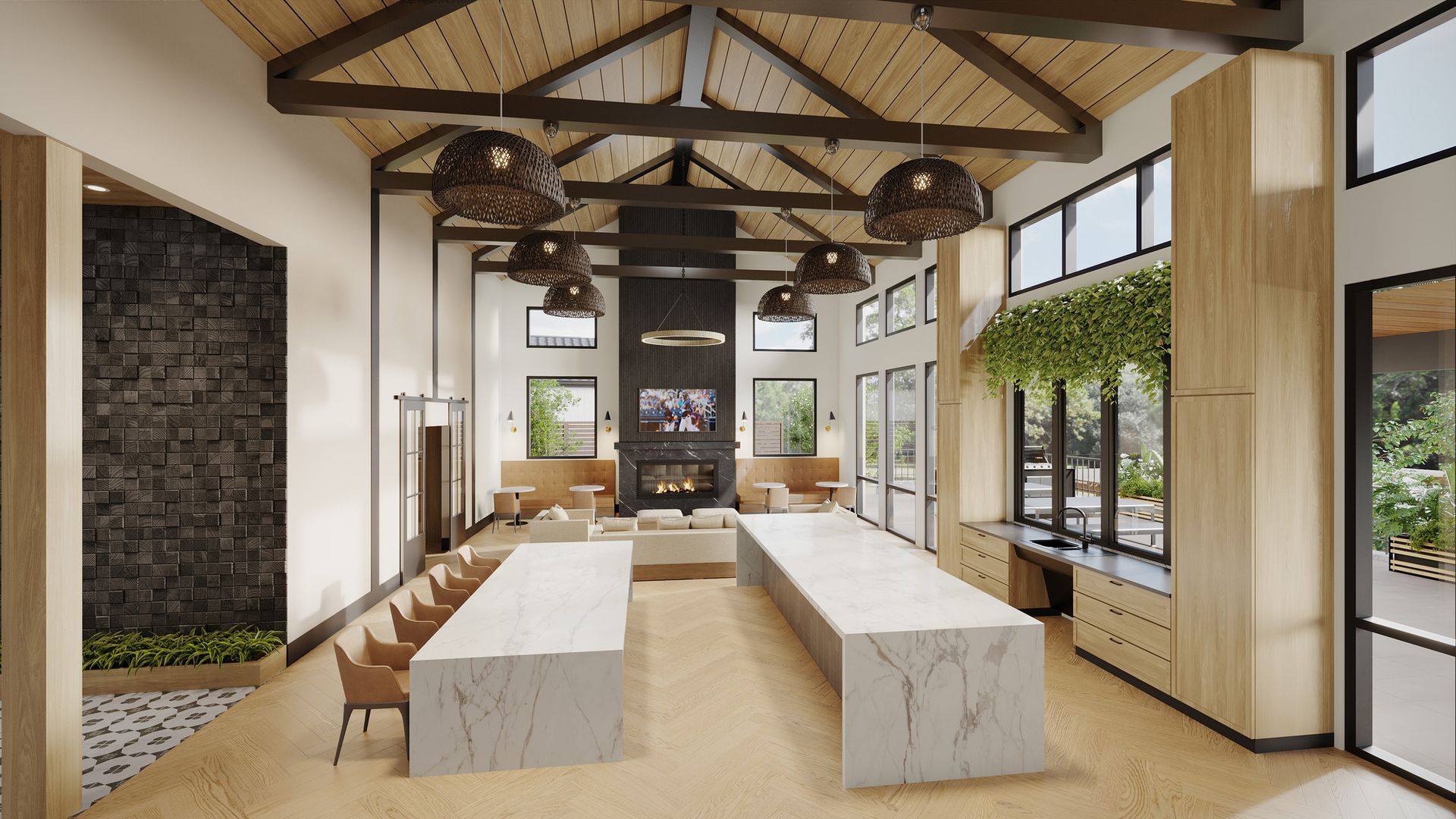 An artist 's impression of a living room with a long table and a fireplace.