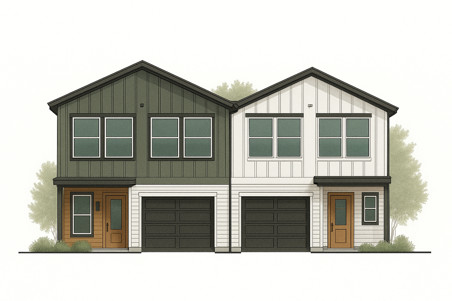 Two-story duplex with green and white siding, two-car garages, and wooden front doors.