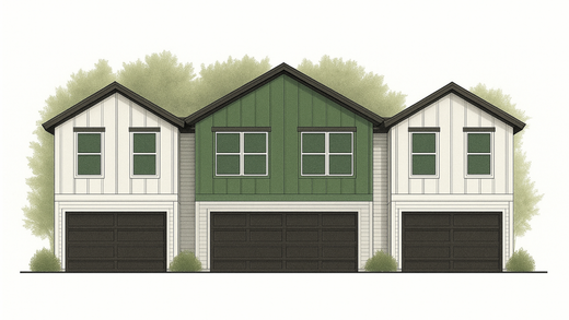 Two-story house with green siding, brown accent, black roof, and landscaping.