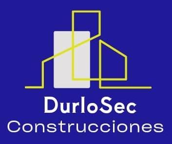 Logotipo de DurloSec Construcciones: silueta de una casa amarilla sobre un rectángulo blanco, fondo azul.