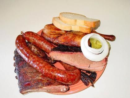smoked ribs, brisket, sausage, and chicken