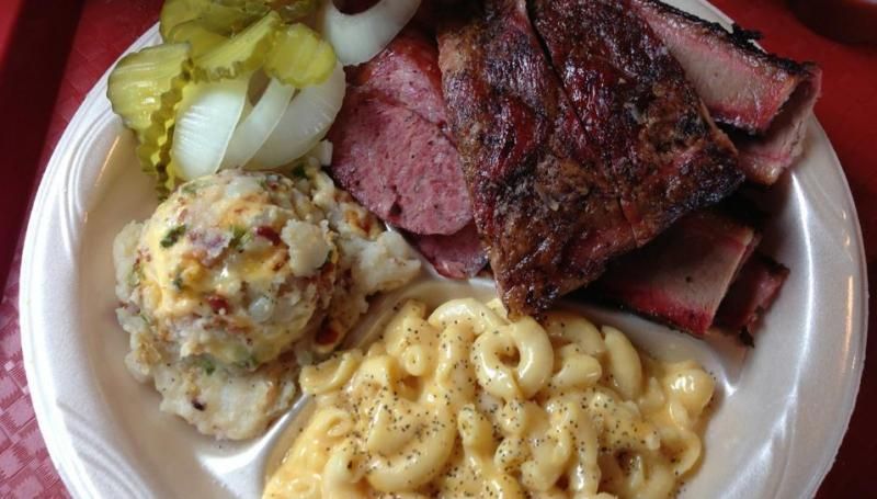 smoked brisket with potato salad and macaroni