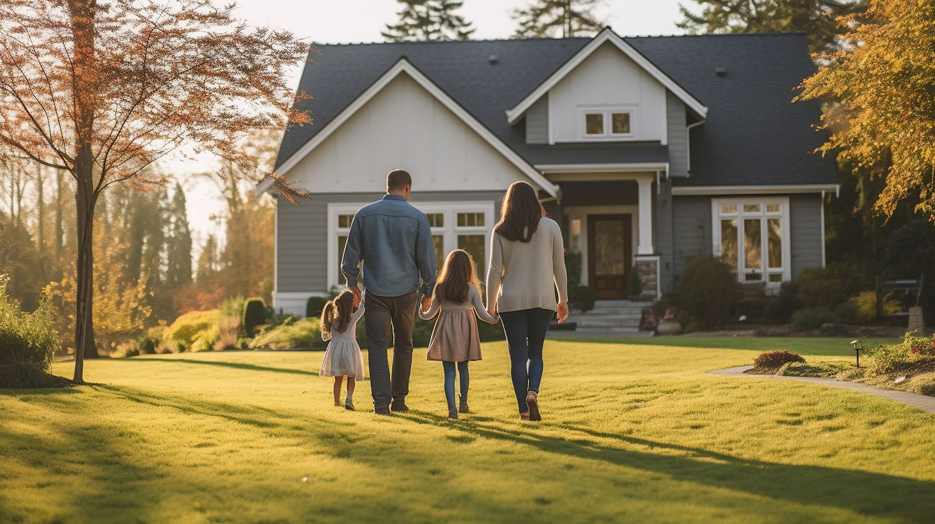 Family walking on lawn up to their new home
