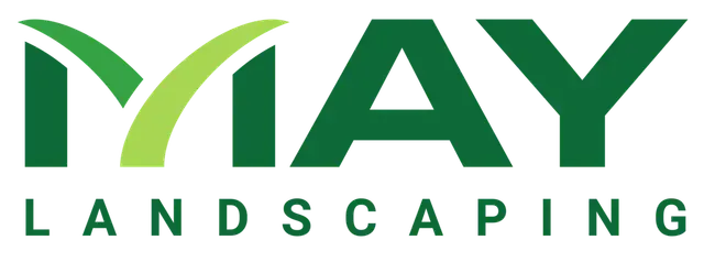 MAY Landscaping logo in green and white with stylized leaf graphic