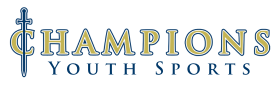 Champions Youth Sports logo with blue and gold lettering and a blue sword icon
