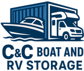 Red logo of a boat and RV inside a red building with the words "C&C BOAT & RV STORAGE".