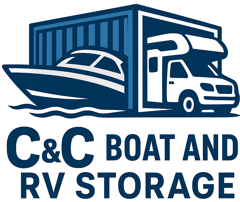 Red logo of a boat and RV inside a red building with the words "C&C BOAT & RV STORAGE".