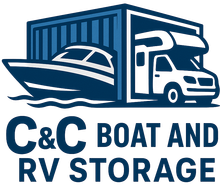 Red logo of a boat and RV inside a red building with the words "C&C BOAT & RV STORAGE".