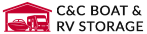 Red logo of a boat and RV inside a red building with the words "C&C BOAT & RV STORAGE".