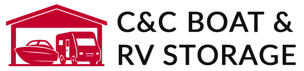 Red logo of a boat and RV inside a red building with the words "C&C BOAT & RV STORAGE".