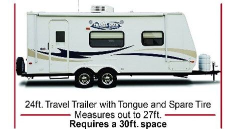 A travel trailer with tongue and spare tire measures out to 27 ft.
