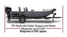 A boat with trailer tongue and motor measures out to 24 ft . requires a 25 ft . space.