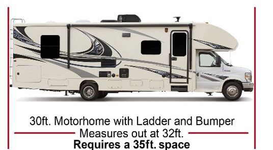 A motorhome with ladder and bumper measures out at 32 ft