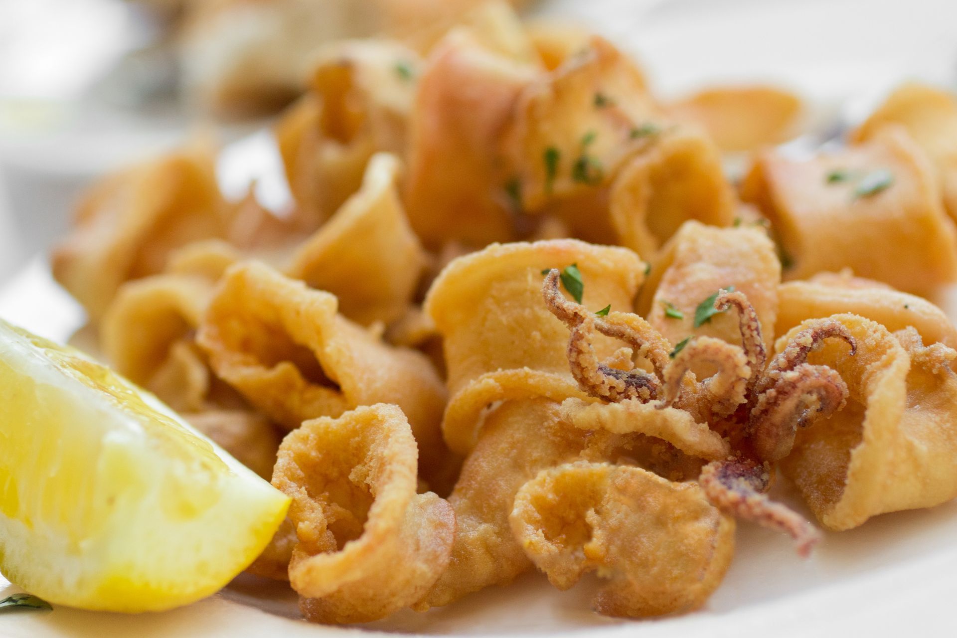 Un piatto bianco con sopra del cibo fritto e una fetta di limone.