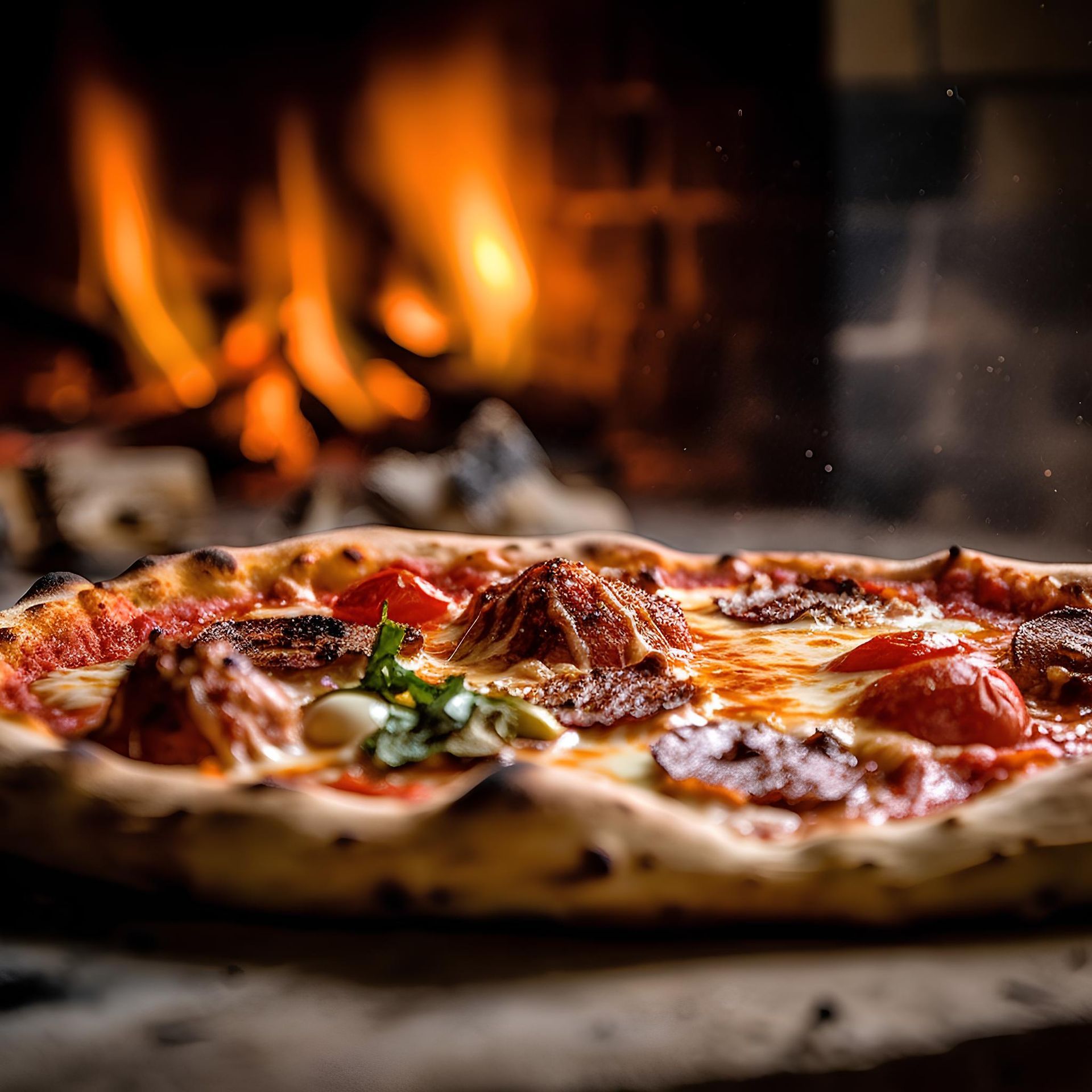 Una pizza è appoggiata su un tavolo davanti al camino.