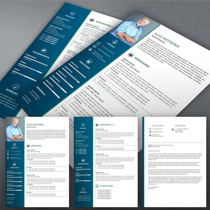 CV-sjabloon met blauwgroene accenten en een profielfoto.