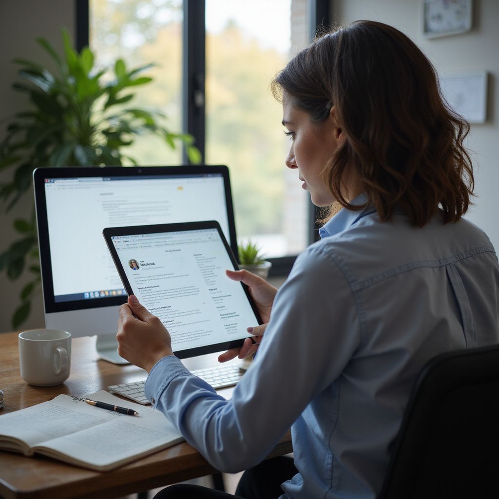 Een vrouw kijkt op een computerscherm naar een cv