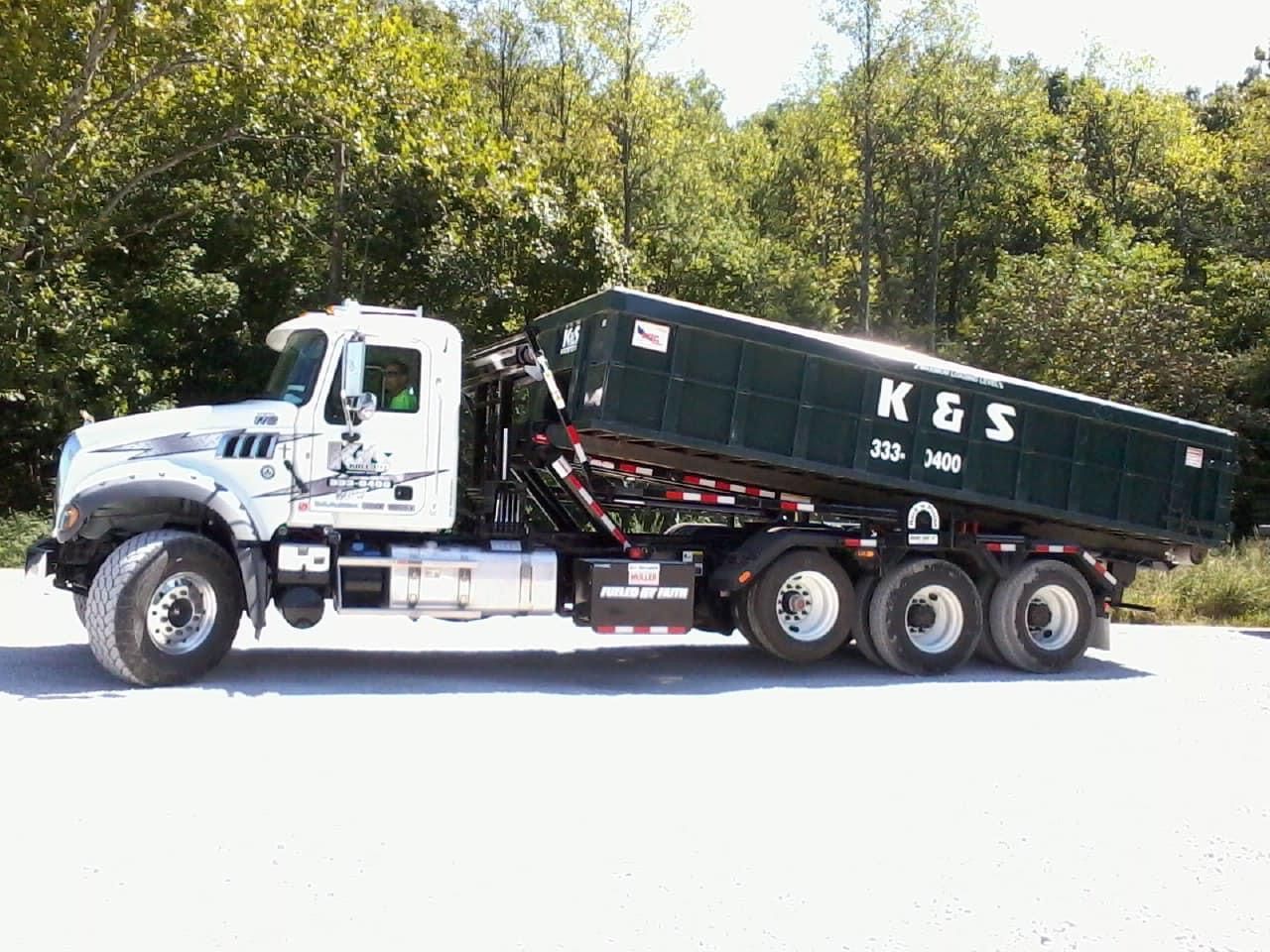 A dump truck is parked on the side of the road.