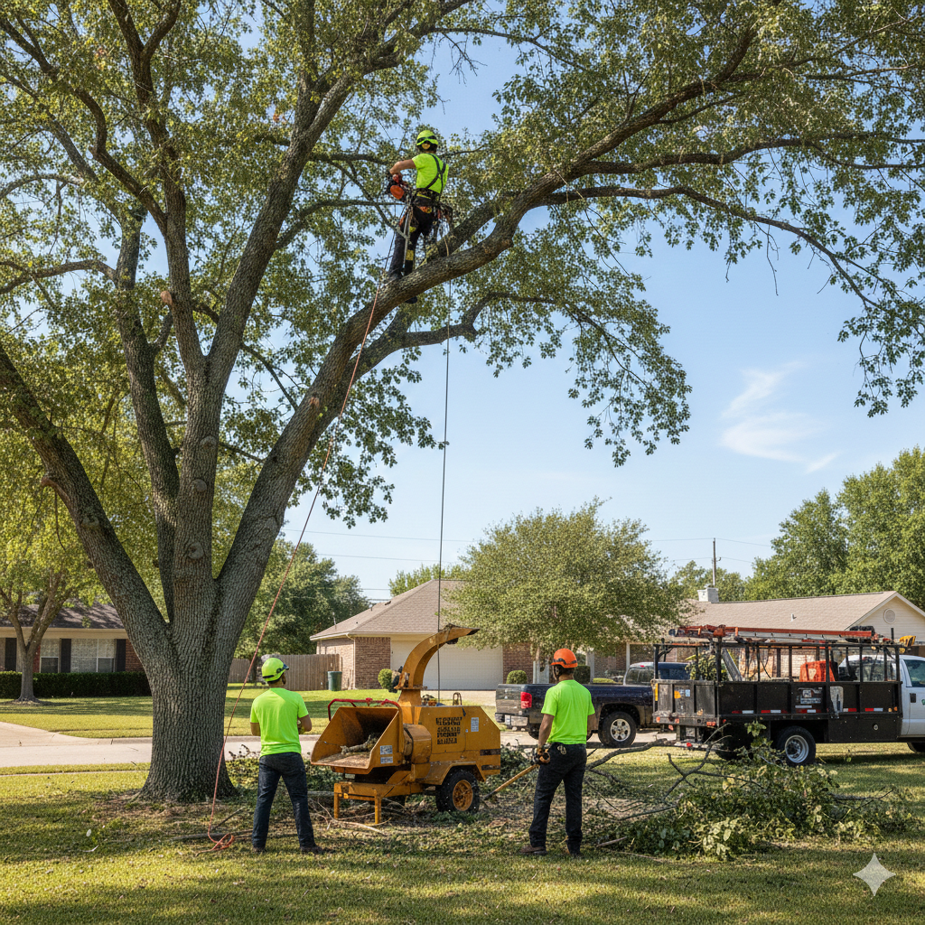 Tree care workers pruning a tree, with a wood chipper and truck in a residential yard.