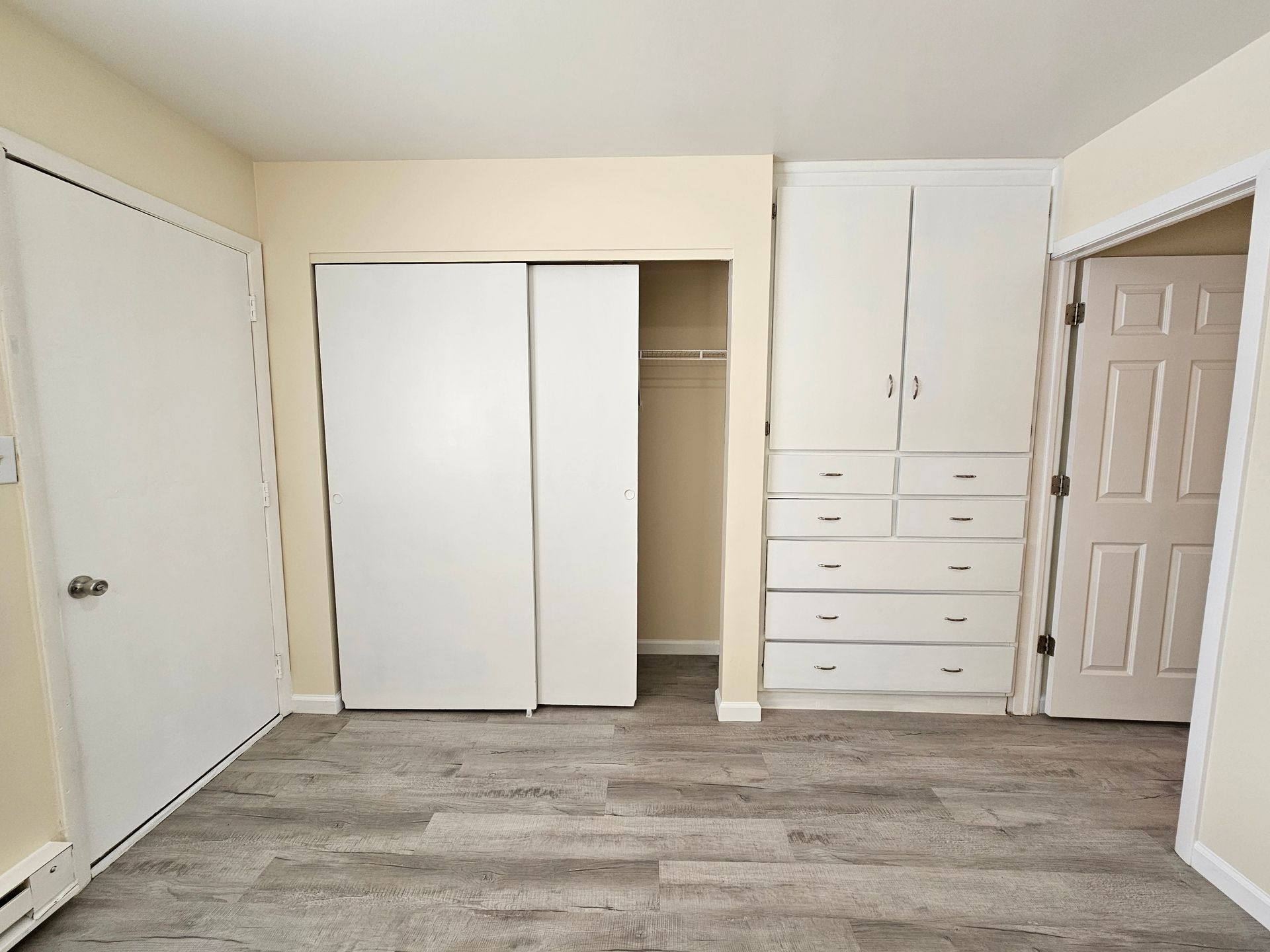 An empty bedroom with a closet and dressers