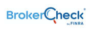A blue and white logo for broker check by finra