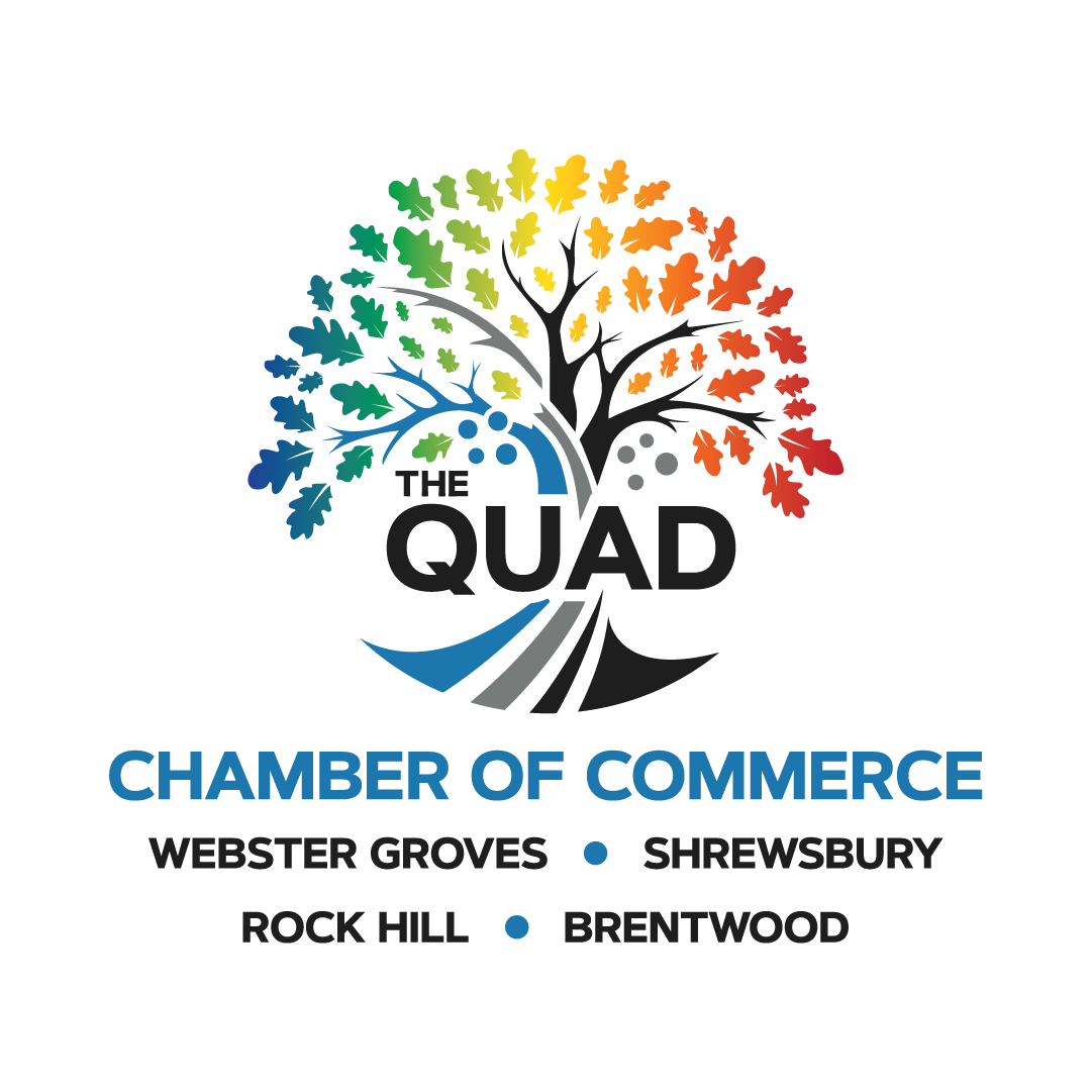 Logo for Webster Groves, Shrewsbury, Rock Hill, & Brentwood Area Chamber of Commerce. Teal, gold, and white.