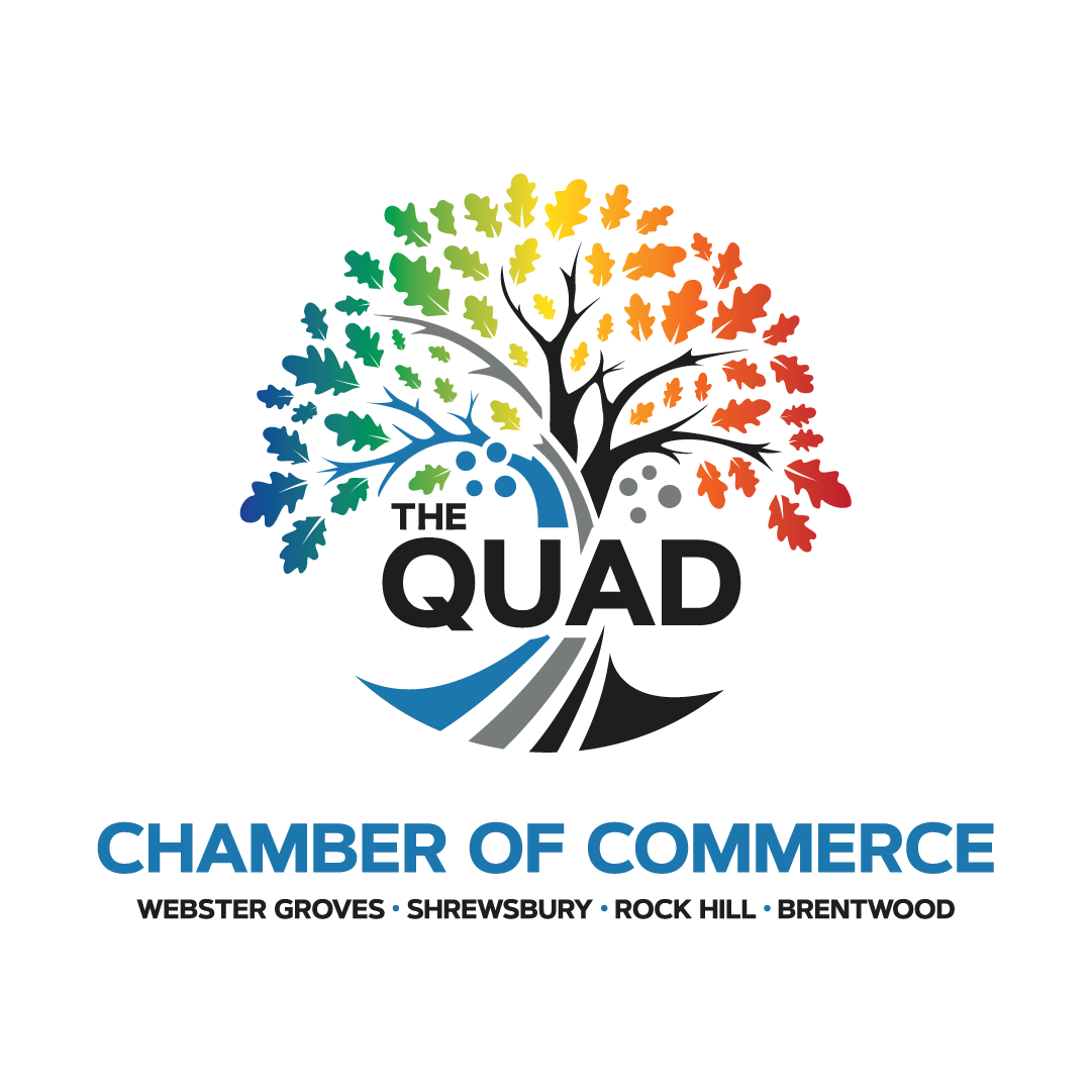 Logo for The Quad Chamber of Commerce: colorful tree with text and city names.
