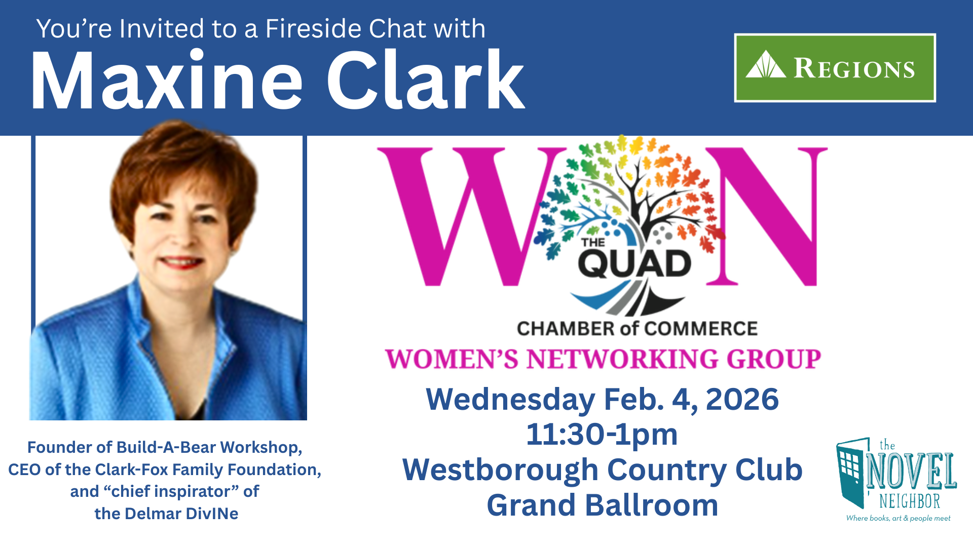 Invitation for a Fireside Chat with Maxine Clark at the Westborough Country Club Grand Ballroom.