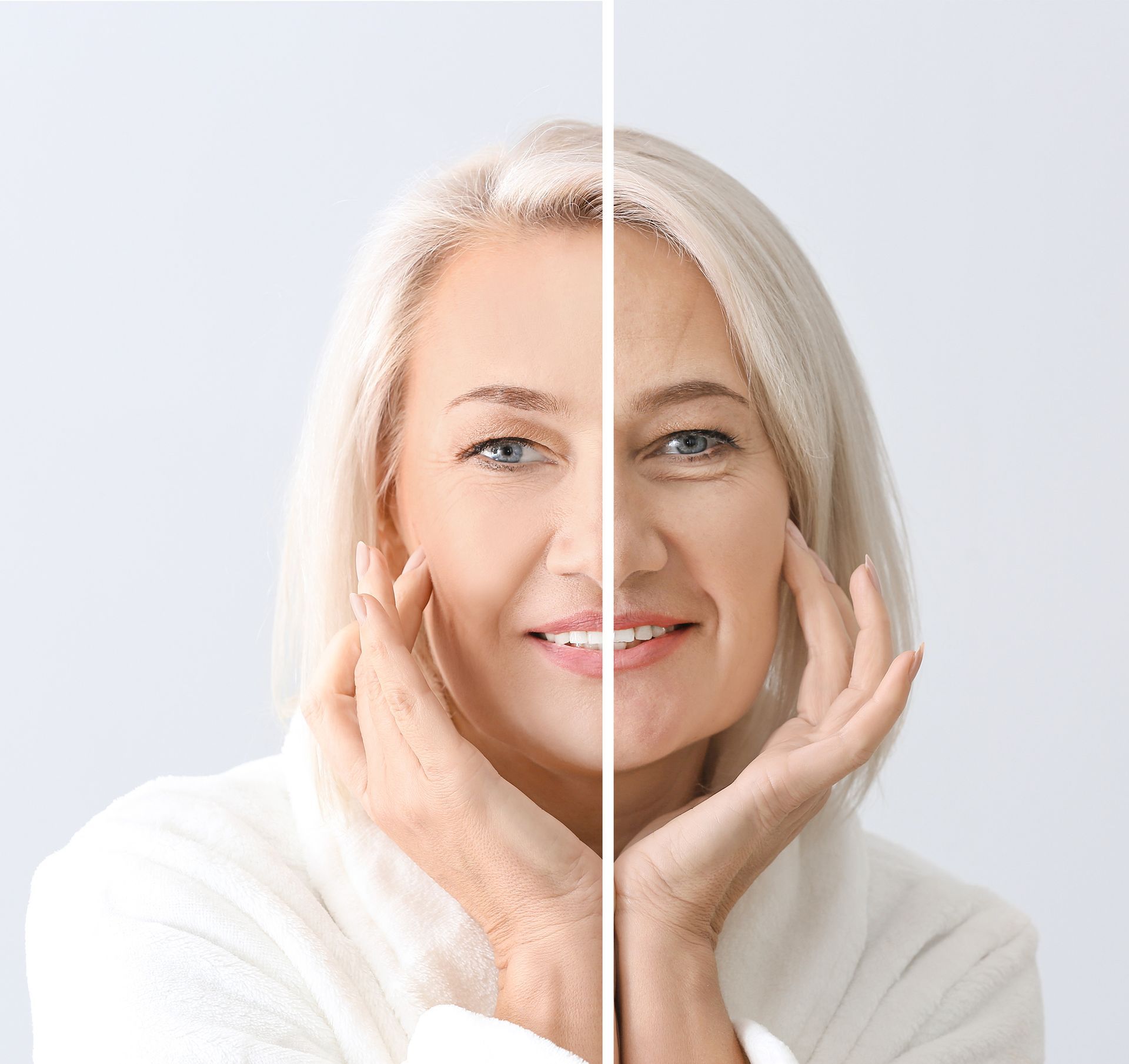 Comparison portrait of mature woman after and before filler injection on light background 