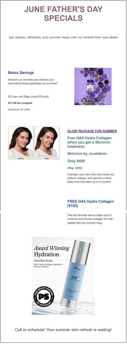 A screenshot of a June Father's Day specials email.