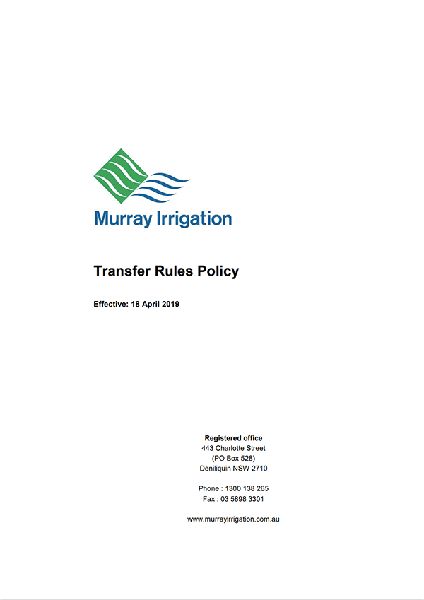 Murray Irrigation Transfer Rules Policy (2019)