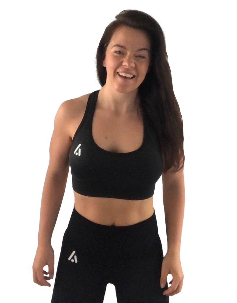 Leanne wearing a black sports bra with the letter a on it