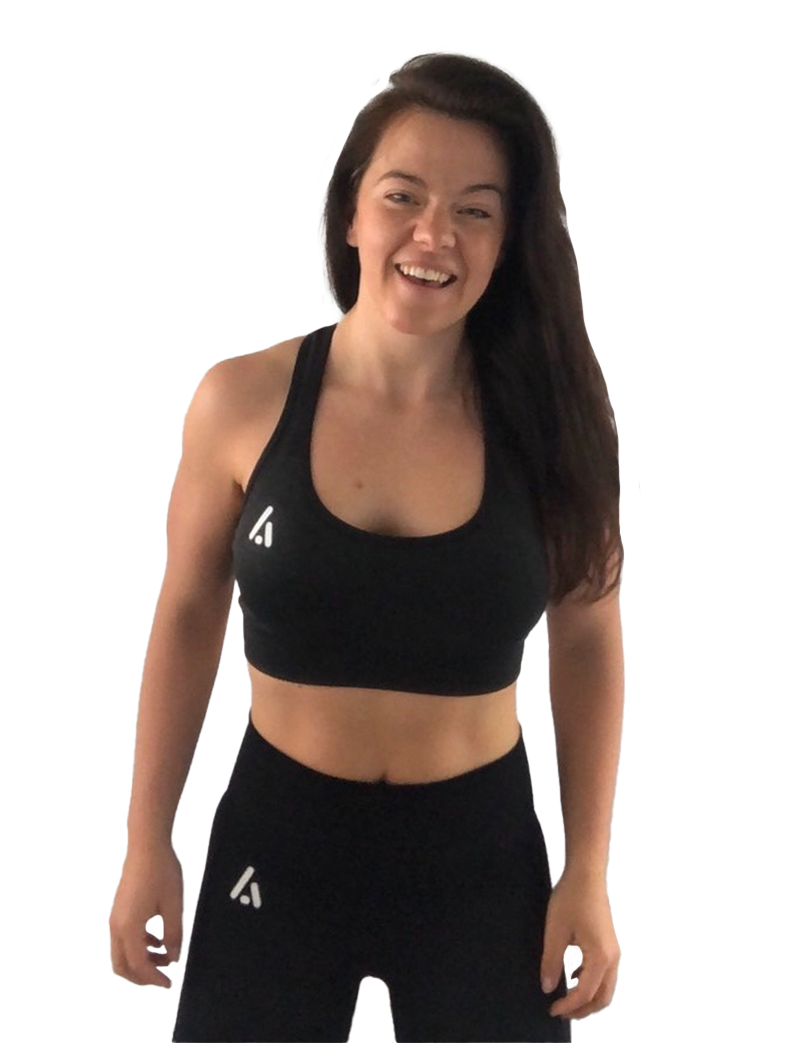 Leanne wearing a black sports bra with the letter a on it