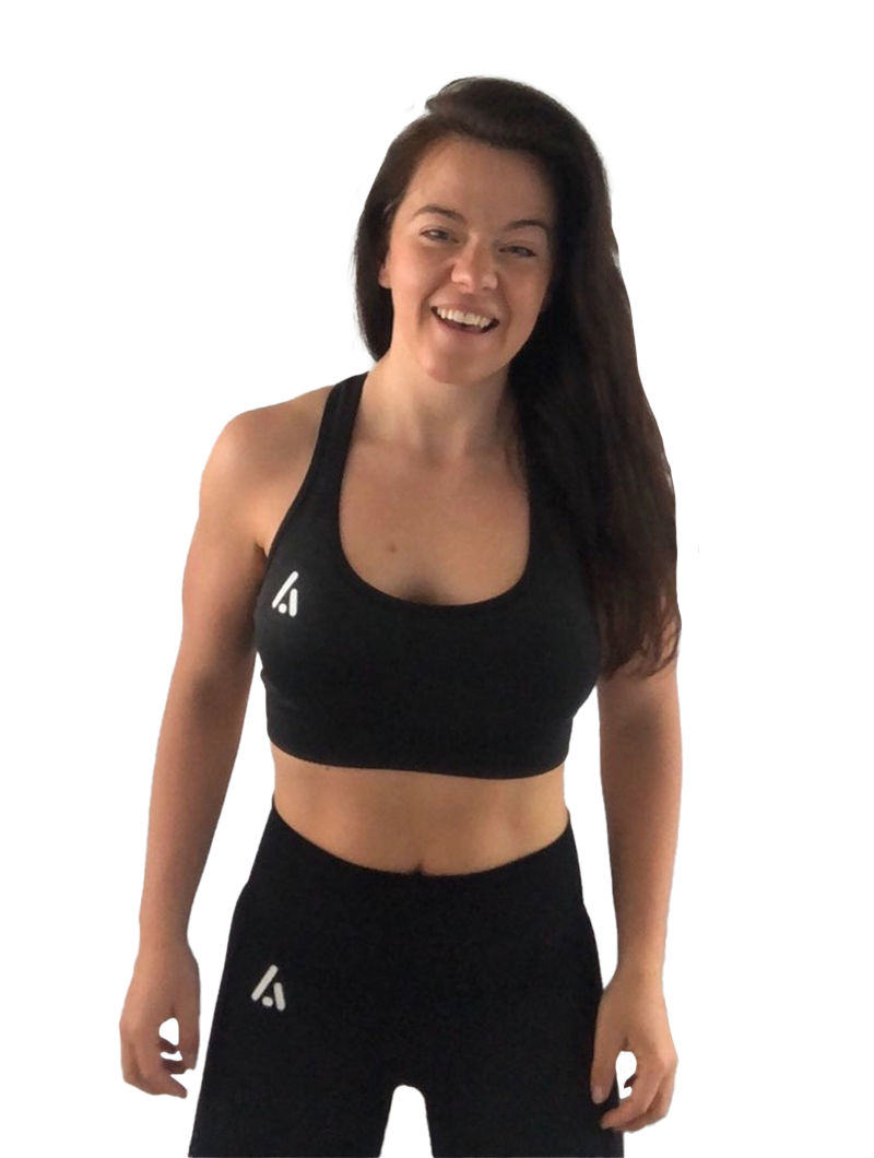 Leanne wearing a black sports bra with the letter a on it