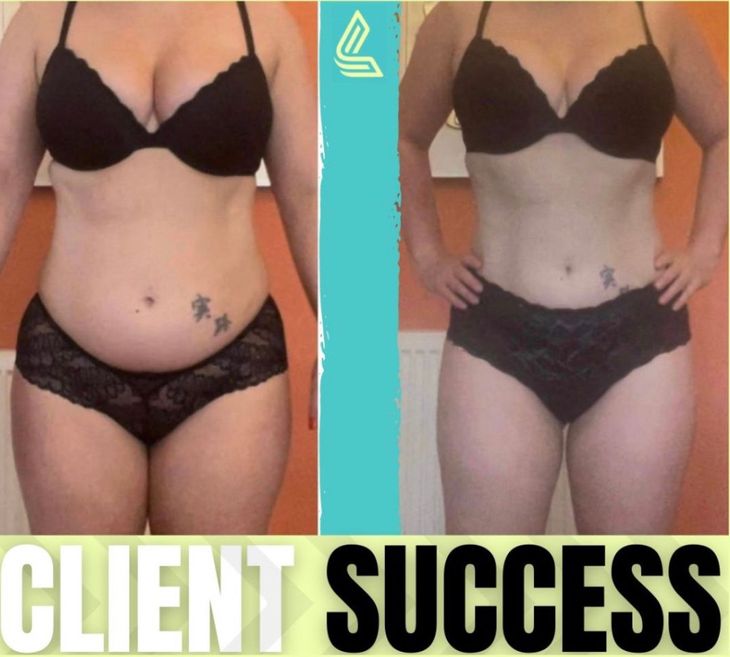 A before and after photo of a woman with the caption client success