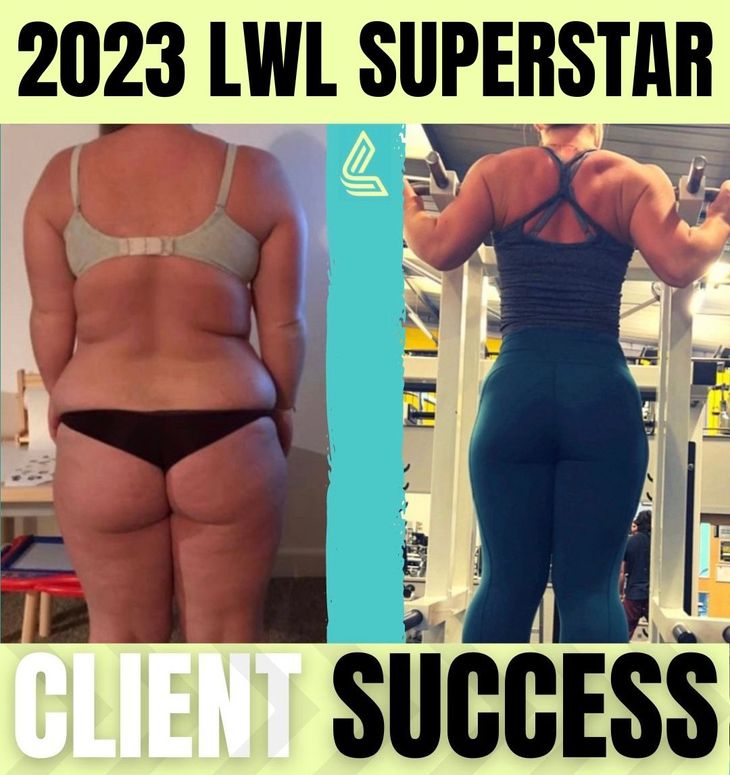 A photo of a woman before and after loosing weight superstar client success