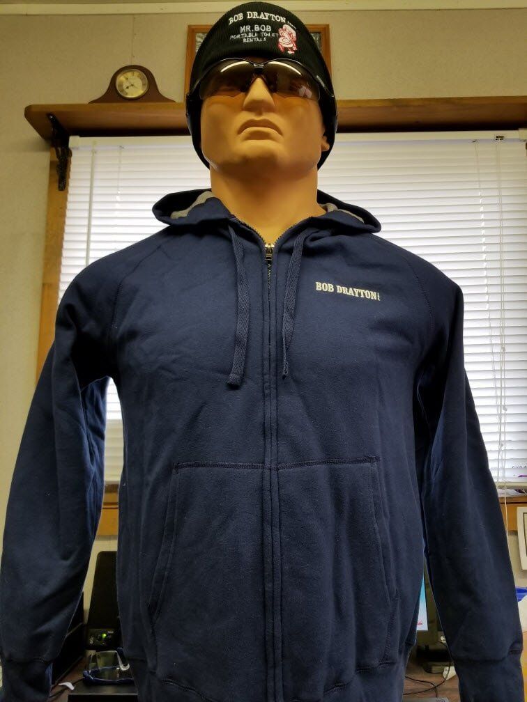 Mr.Bobs zip-up hoodie sizes from small child to 2XL. Winter hats, one size fits all.