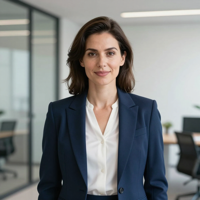 Professional woman in a navy blazer standing in a modern office, facing the camera with a slight smile