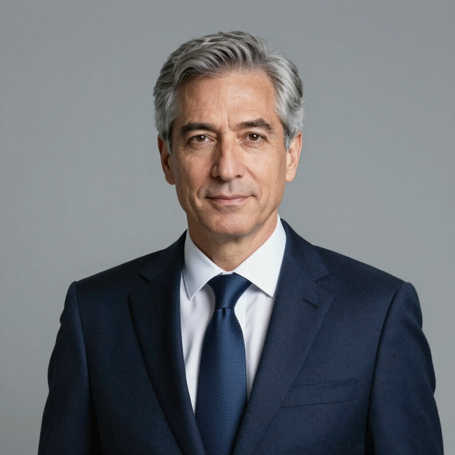 Portrait of a man in a navy suit and tie against a gray background