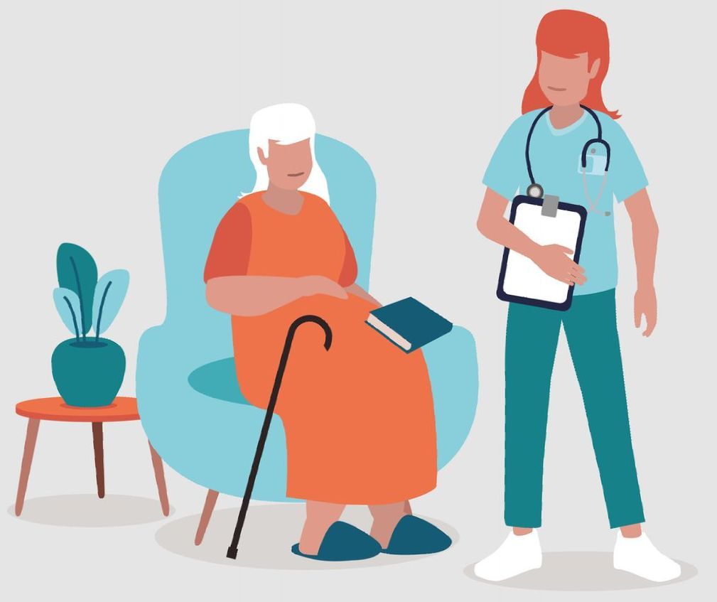 Una donna anziana è seduta su una sedia con un bastone e un'infermiera è in piedi accanto a lei.