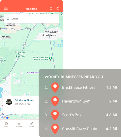 Mobile app displaying a map with nearby fitness businesses. A list ranks them by distance.