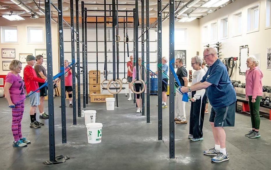 People exercising in a gym, using poles and rings. Bright setting.