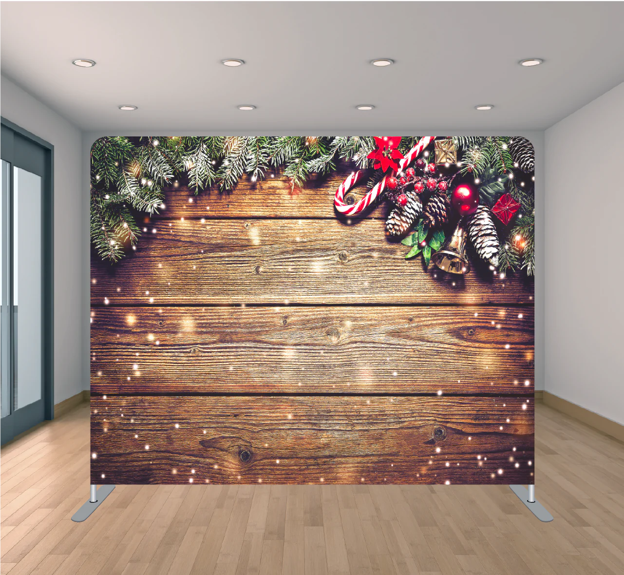 A wooden wall with Christmas decorations backdrop.